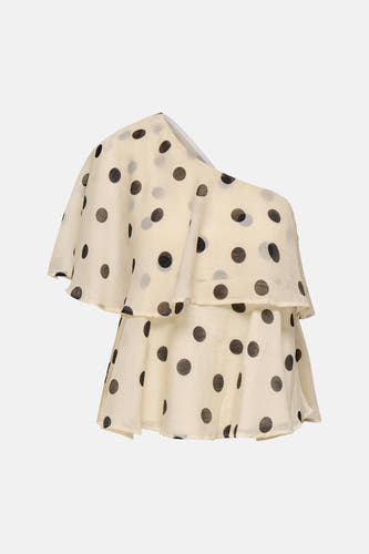 Blouse écru à manches courtes de JDY, avec pois noirs, une épaule et volants superposés.