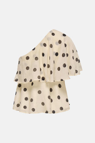 Blouse écru à manches courtes de JDY, un haut asymétrique à imprimé pois noirs et volants.