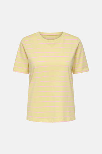 T-shirt rayé jaune de ONLY® avec des rayures roses, montré de dos.