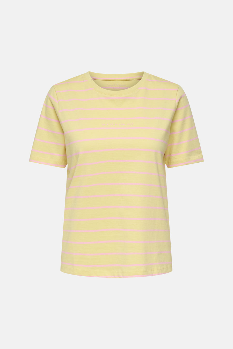 T-shirt rayé jaune de ONLY® avec des rayures roses, montré de dos.