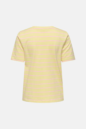 Geel gestreept T-shirt van ONLY® met roze strepen, getoond in achteraanzicht.