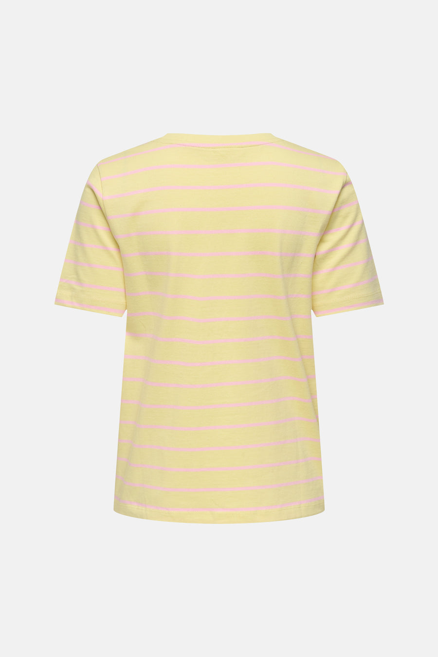 Geel gestreept T-shirt van ONLY® met roze strepen, getoond in achteraanzicht.