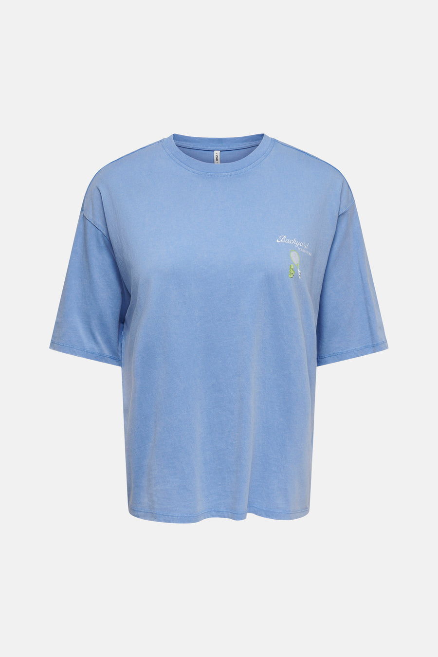 T-shirt bleu clair de ONLY® avec col rond et imprimé brodé d'une raquette de tennis et de balles sur la poitrine.