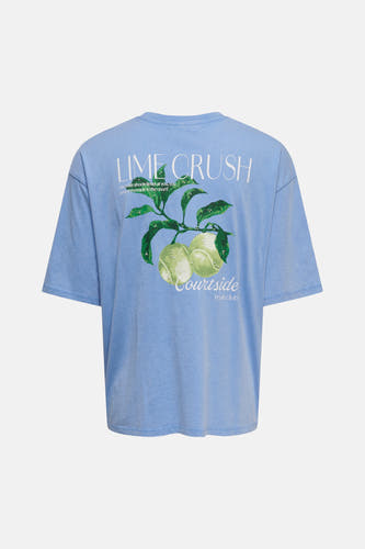 T-shirt bleu ONLY® avec imprimé 'LIME CRUSH' et citrons-balles de tennis au dos.