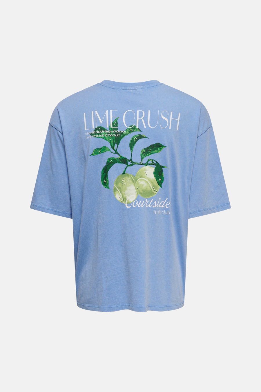 T-shirt bleu ONLY® avec imprimé 'LIME CRUSH' et citrons-balles de tennis au dos.
