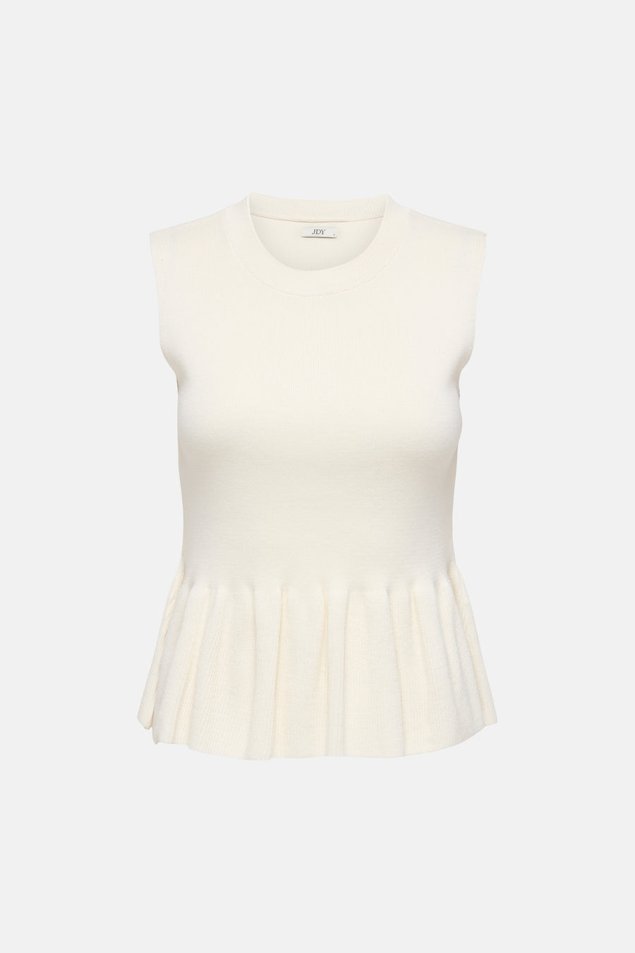 Witte mouwloze top van JDY met ronde hals, geribbeld breisel en peplum zoom.