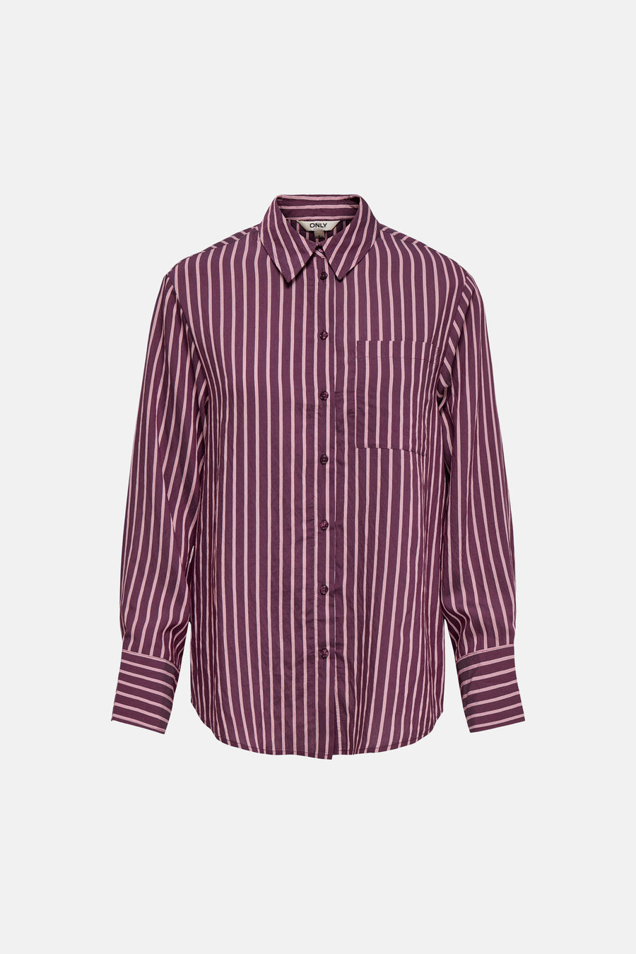 Chemise à manches longues rayée violette de ONLY, avec rayures verticales roses, col, fermeture boutonnée et poche poitrine.