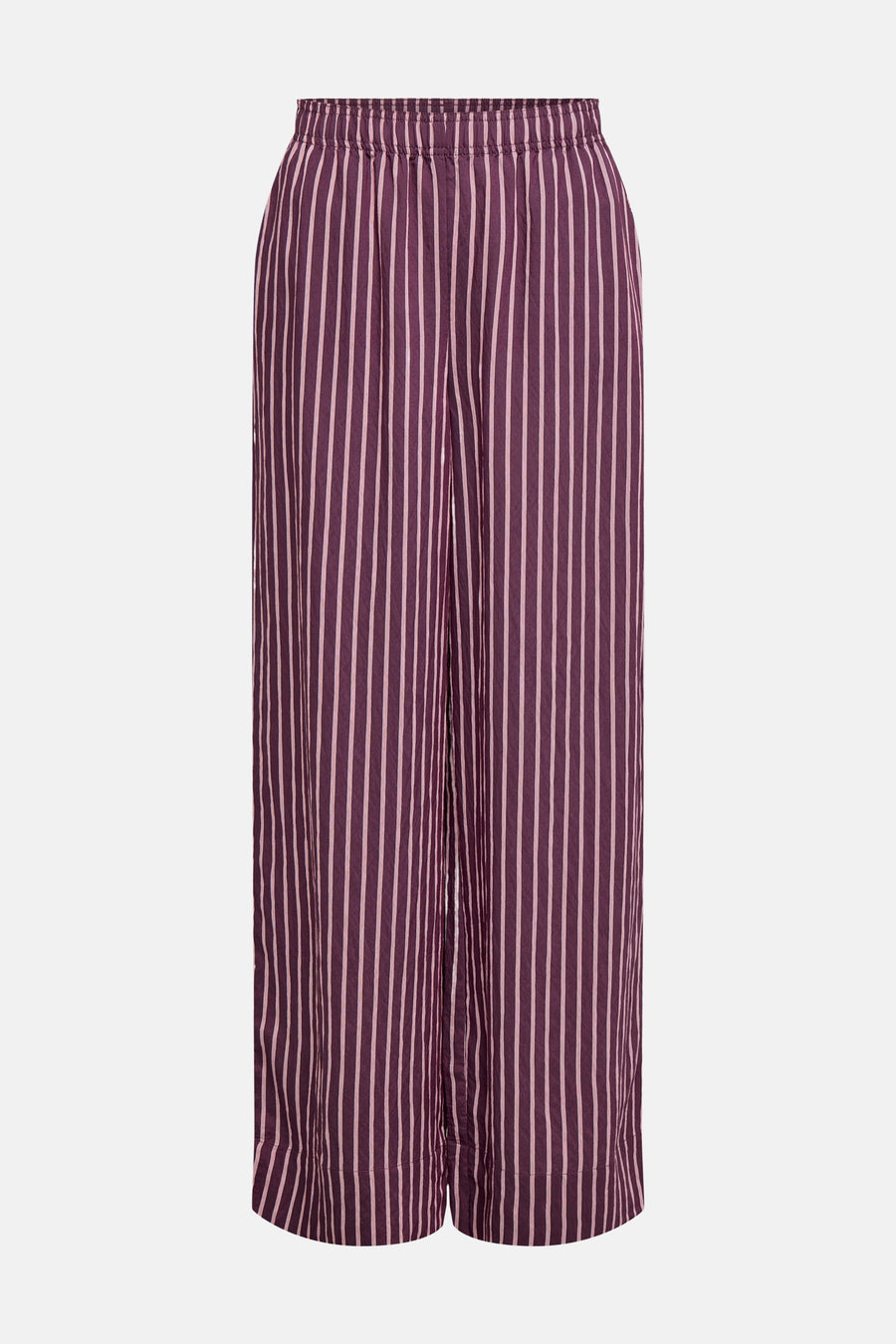 Paarse gestreepte broek van ONLY® met lichtroze verticale strepen, elastische tailleband en wijde pijpen.