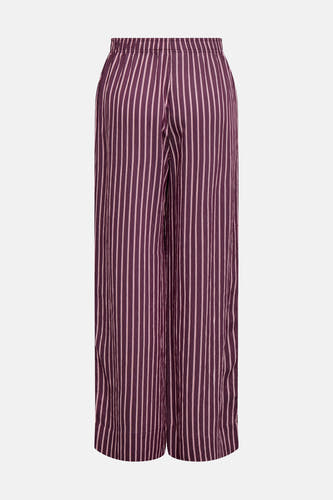 Paarse broek van ONLY® met verticale lichtroze strepen, elastische taille en wijde pijpen, rugzicht.