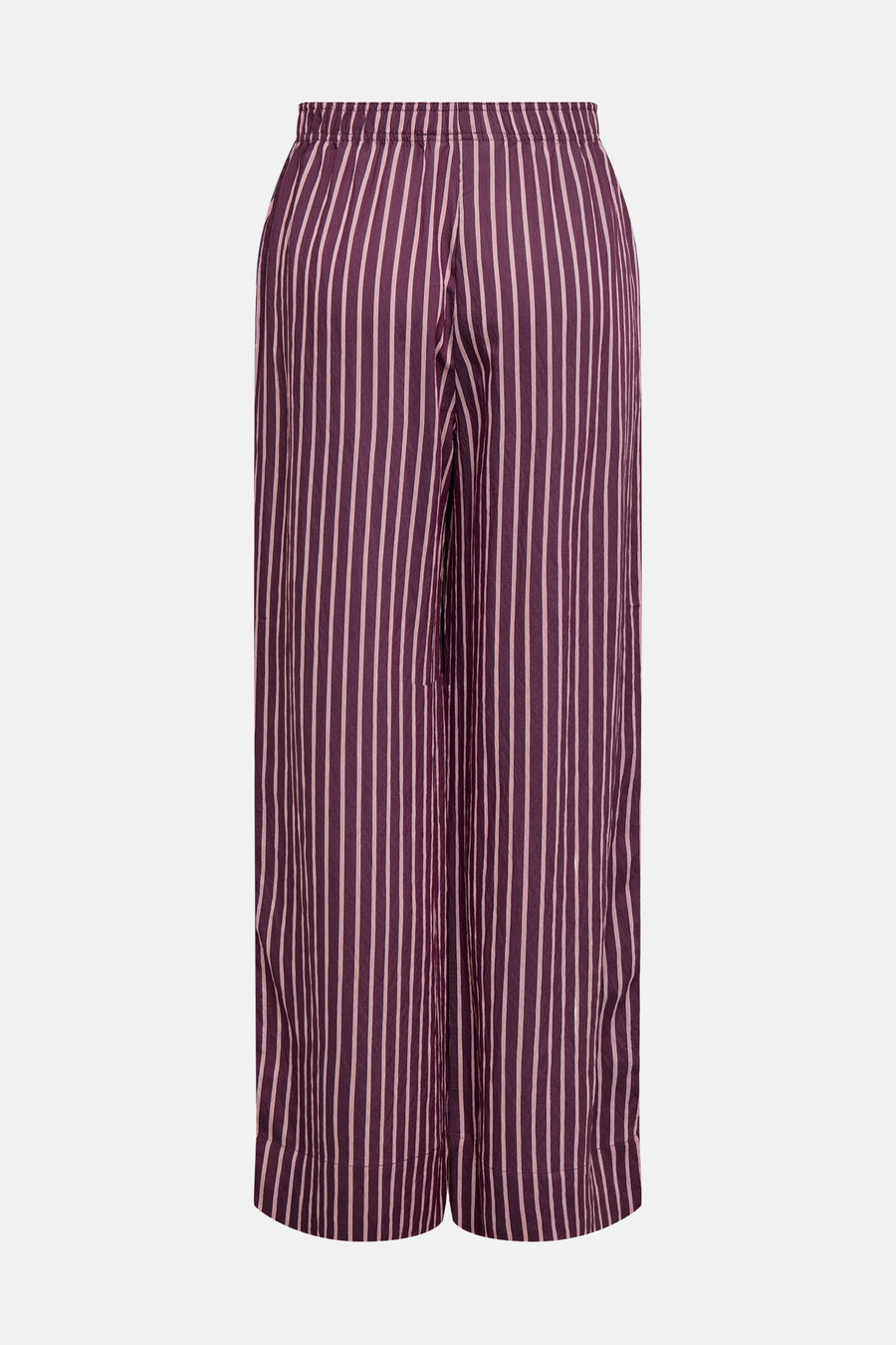 Paarse broek van ONLY® met verticale lichtroze strepen, elastische taille en wijde pijpen, rugzicht.