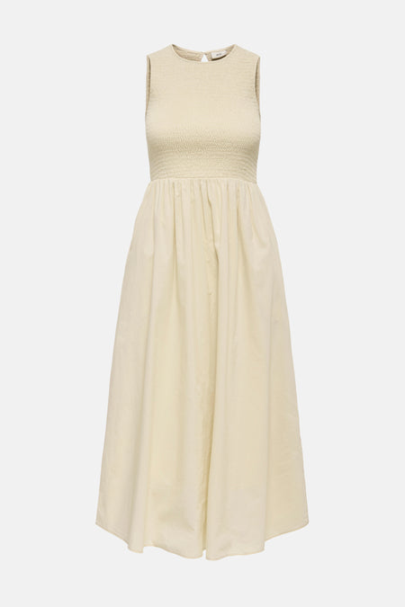 Robe sans manches beige de JDY avec un corsage smocké et une jupe évasée.
