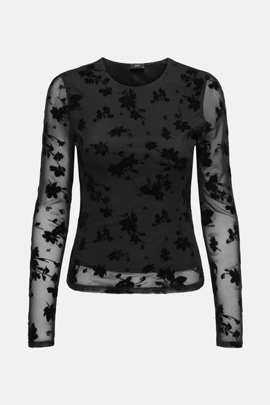 Zwarte blouse met lange mouwen van JDY, met een fijn bloemenpatroon over de hele stof.
