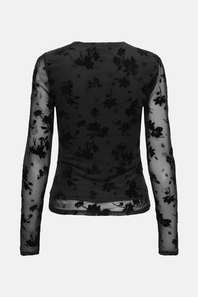 Zwarte blouse met lange mouwen van JDY, met een doorschijnende stof en bloemenpatroon.
