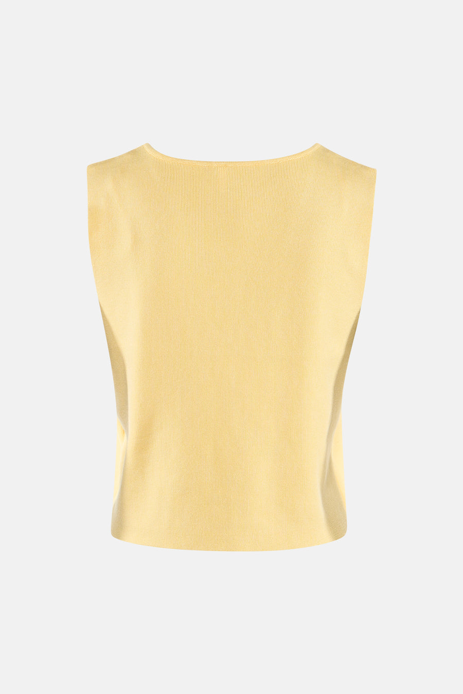 Gele gebreide gilet van ONLY®, achterkant weergegeven, fijne ribstructuur, eenvoudig design