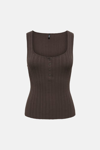 Bruine mouwloze top van ONLY® met ribstructuur en knoopsluiting aan de voorkant, front view