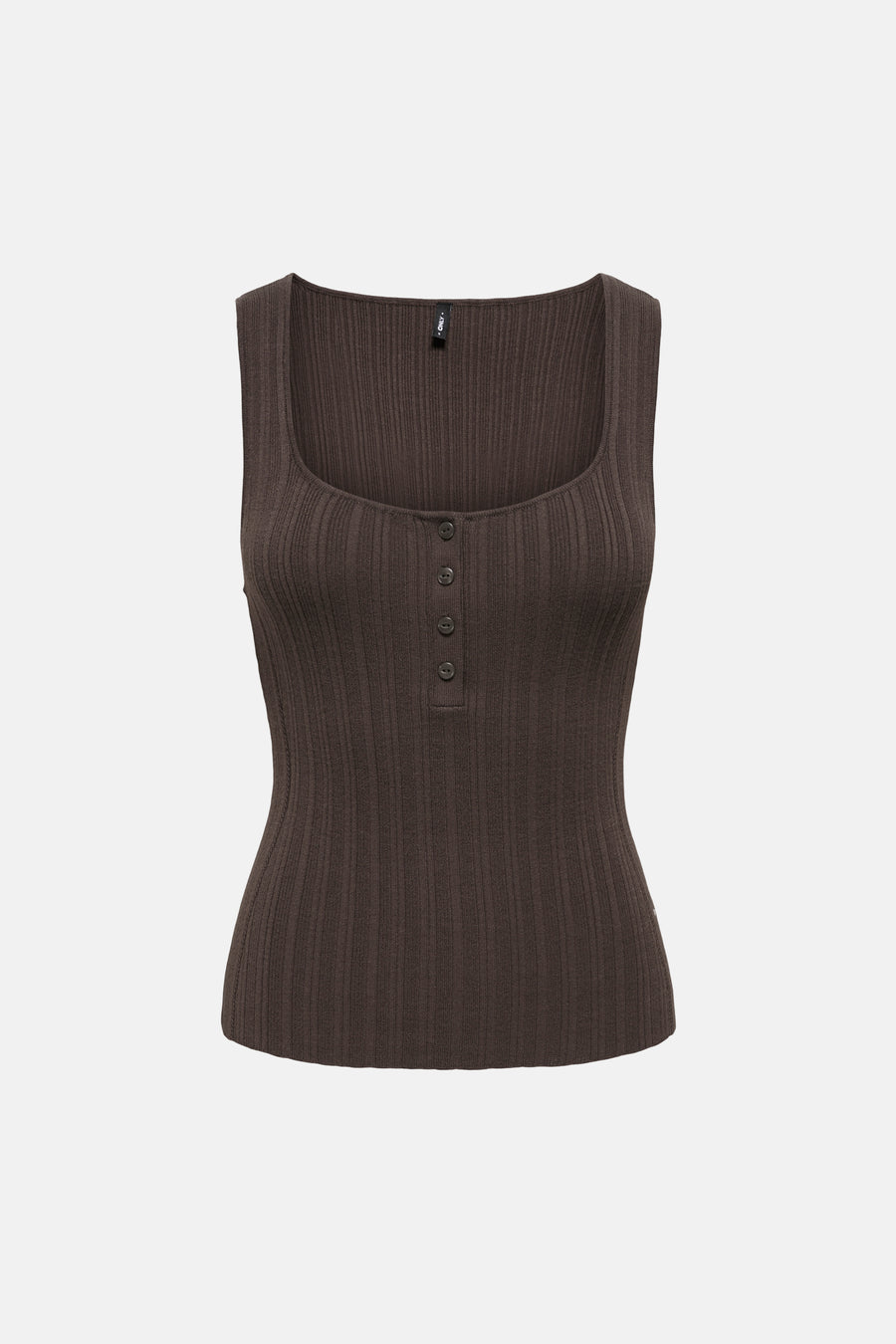 Bruine mouwloze top van ONLY® met ribstructuur en knoopsluiting aan de voorkant, front view