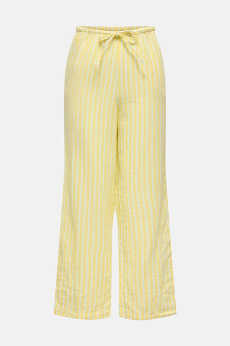 Gele broek van ONLY® met verticale strepen, een linnen-achtige textuur, trekkoord taille en wijde pijpen.
