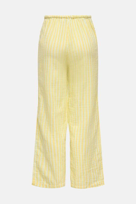 Gele gestreepte broek van ONLY® met elastische tailleband, achterkant.