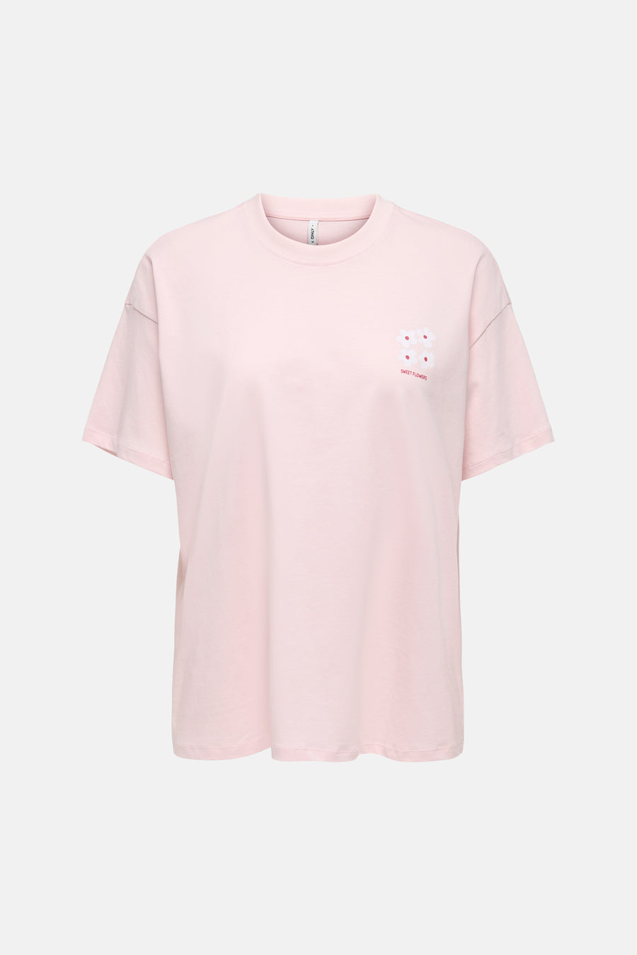 T-shirt à manches courtes rose de ONLY®, imprimé avec "KEEP GOING", des fleurs blanches à pois rouges et "KEEP GROWING" dans le dos.