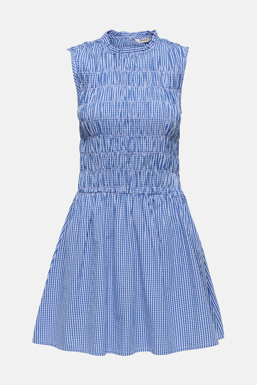 Robe sans manches bleue ONLY à motif carreaux vichy, haut smocké et col montant à volants.