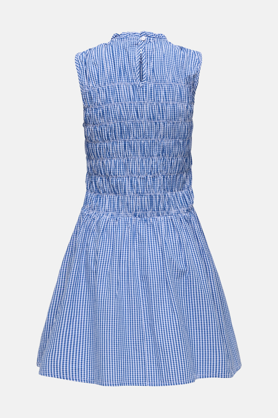 Robe sans manches à carreaux bleu et blanc de ONLY® en vue arrière, avec un haut smocké, un col montant, une fermeture boutonnée au dos et une jupe évasée.