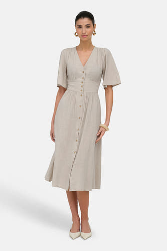 Beige kleedje met korte mouwen van ONLY® met V-hals, knoopsluiting en getailleerde pasvorm.