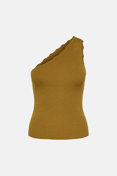Haut à épaule dénudée côtelée jaune ocre de JDY avec un bord ondulé et une coupe ajustée, vue de face.