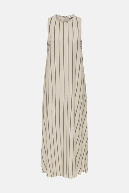 Robe sans manches écru de JDY avec rayures noires verticales et une fermeture éclair au dos.