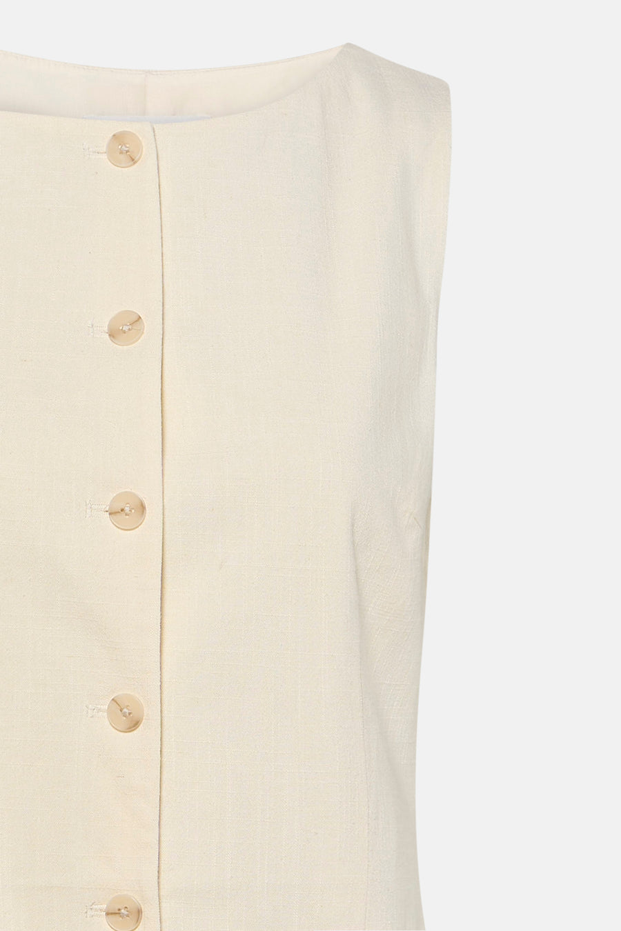 Ecru mouwloos kleedje van ONLY® met knoopsluiting en fijne textuur, close-up voorzijde