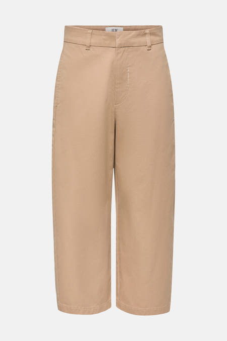 Beige 7/8 broek van JDY met wijde pijpen, riemlussen en een gulp, plat in vooraanzicht.