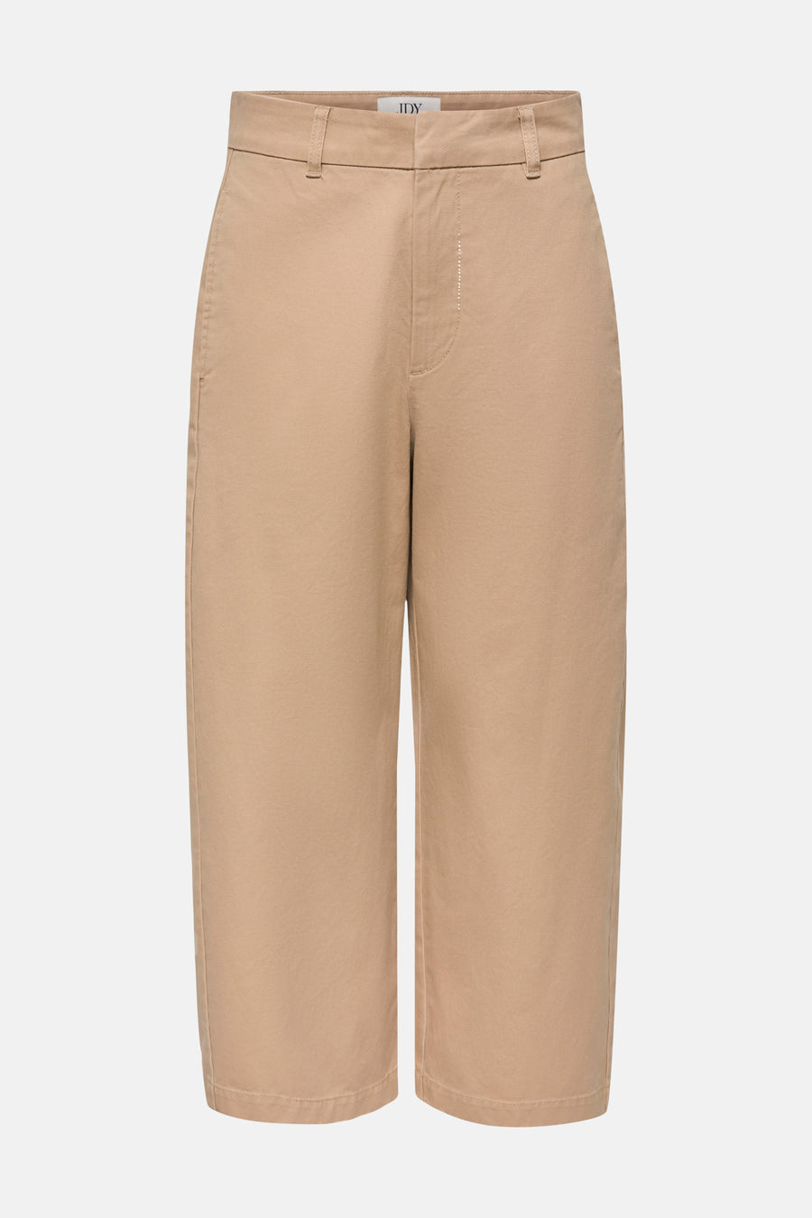 Beige 7/8 broek van JDY met wijde pijpen, riemlussen en een gulp, plat in vooraanzicht.