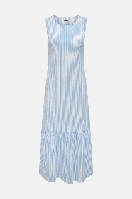 Blauw-wit gestreept mouwloos maxi-jurk van JDY met ronde hals en ruches aan de zoom.