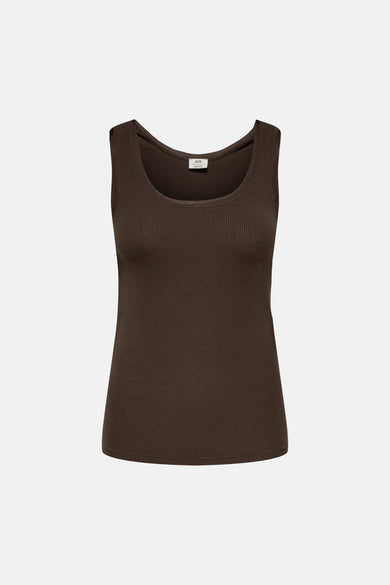 Bruine mouwloze top van ribstof van JDY, ronde hals, strak model, front view