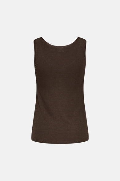 Bruine mouwloze top van ribstof van JDY, strak model met ronde hals, front view