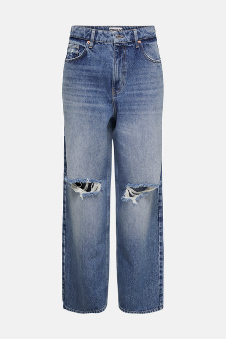 Straight jeans van blauw denim van ONLY, met gaten op de knieën en een rechte pasvorm.
