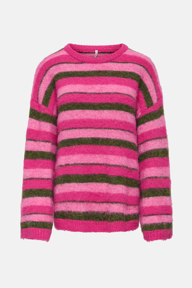 Roze trui met ronde hals van ONLY, met horizontale strepen in roze en groen.