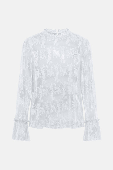 Witte blouse met lange mouwen van ONLY, met kanten details en ruches aan de mouwen.

