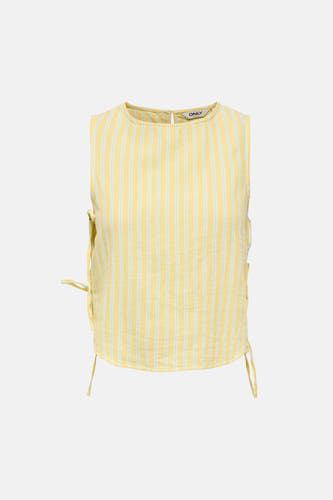Gele mouwloze blouse van ONLY® met lichte verticale strepen, ronde hals en strikdetails aan de zijkanten.