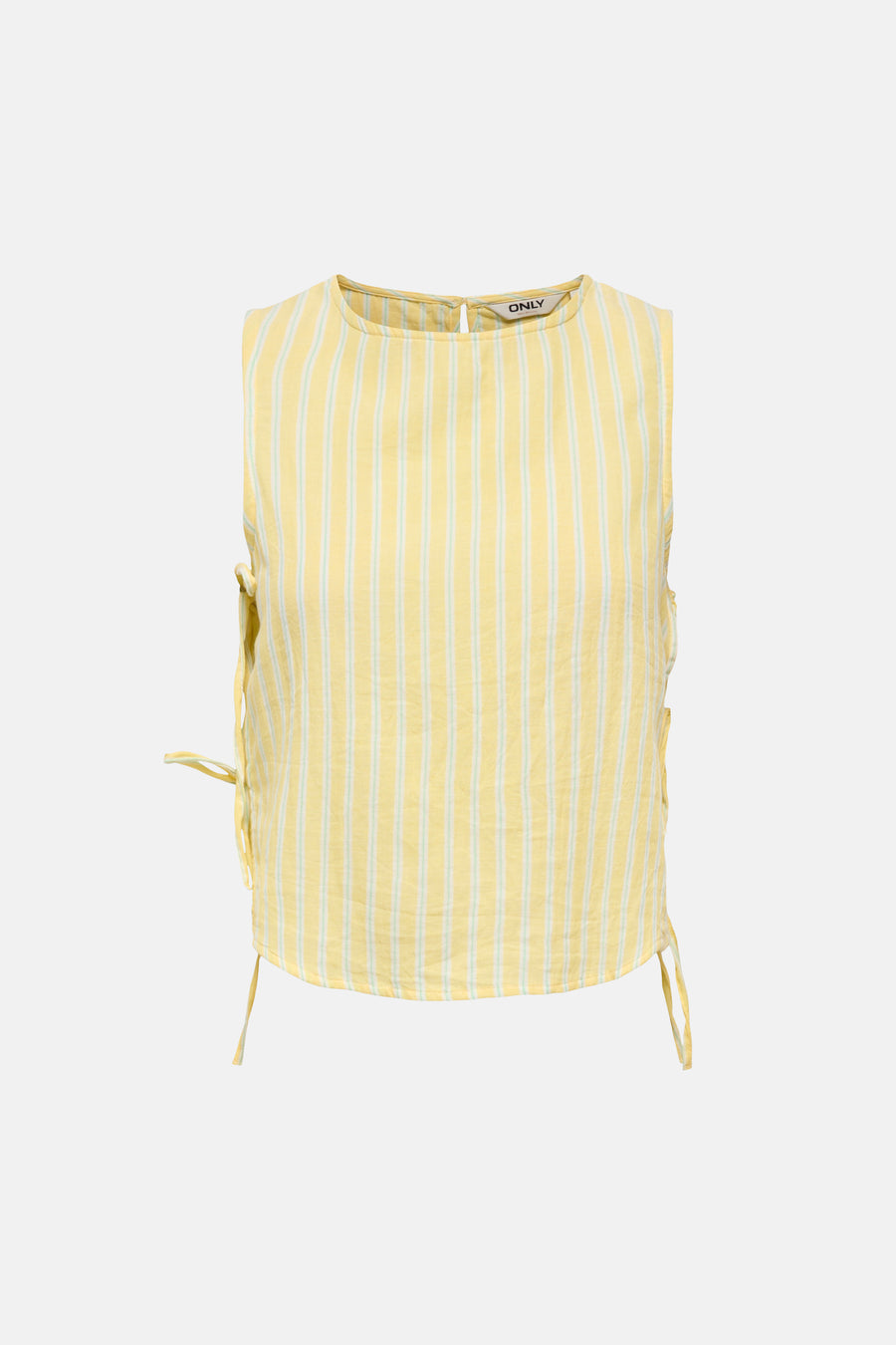 Gele mouwloze blouse van ONLY® met lichte verticale strepen, ronde hals en strikdetails aan de zijkanten.