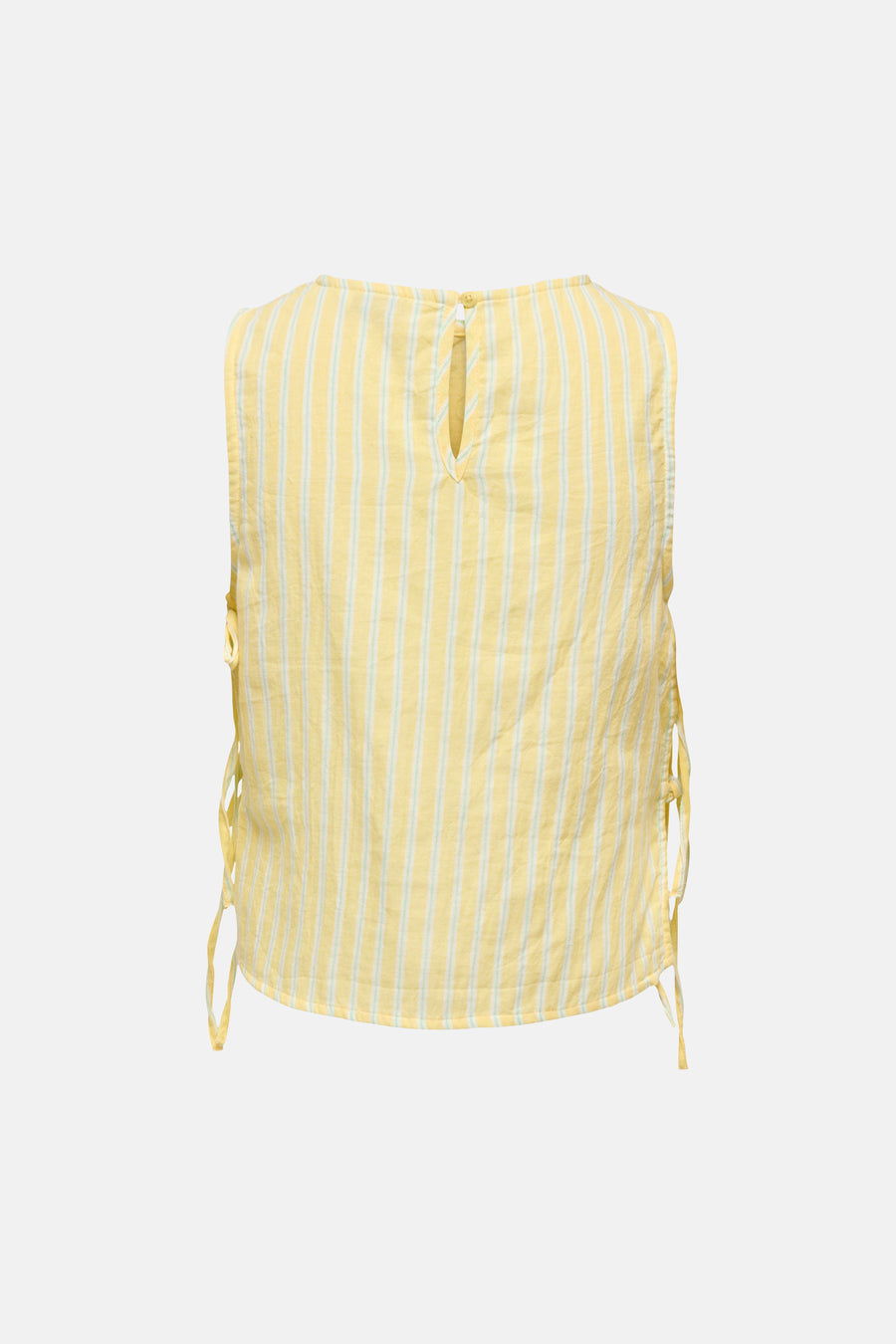 Gele gestreepte mouwloze blouse van ONLY® met strikjes aan de zijkanten en knoopsluiting achter.