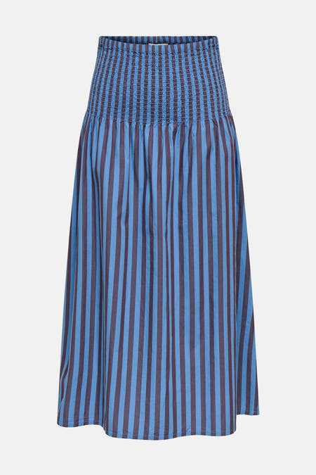 Blauwe rok van ONLY, met verticale strepen en een elastische tailleband.