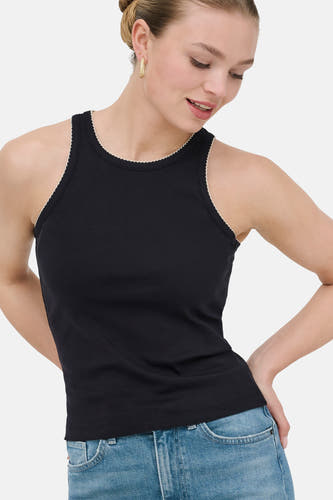 Débardeur noir ONLY® en tissu côtelé avec bords festonnés légers.