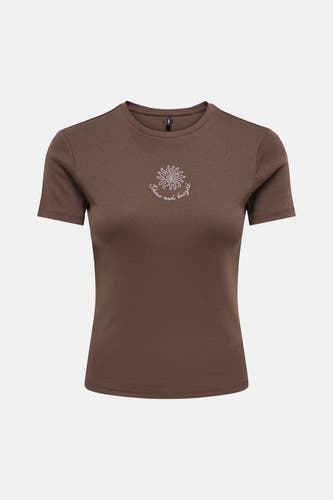 Bruine korte mouwen t-shirt van ONLY® met witte zonprint en tekst op borst, ronde hals, voorzijde weergave