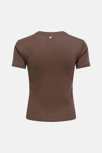 Bruine korte mouwen t-shirt van ONLY® met klein zilverkleurig logo op de rug, strakke pasvorm, achterkant weergegeven