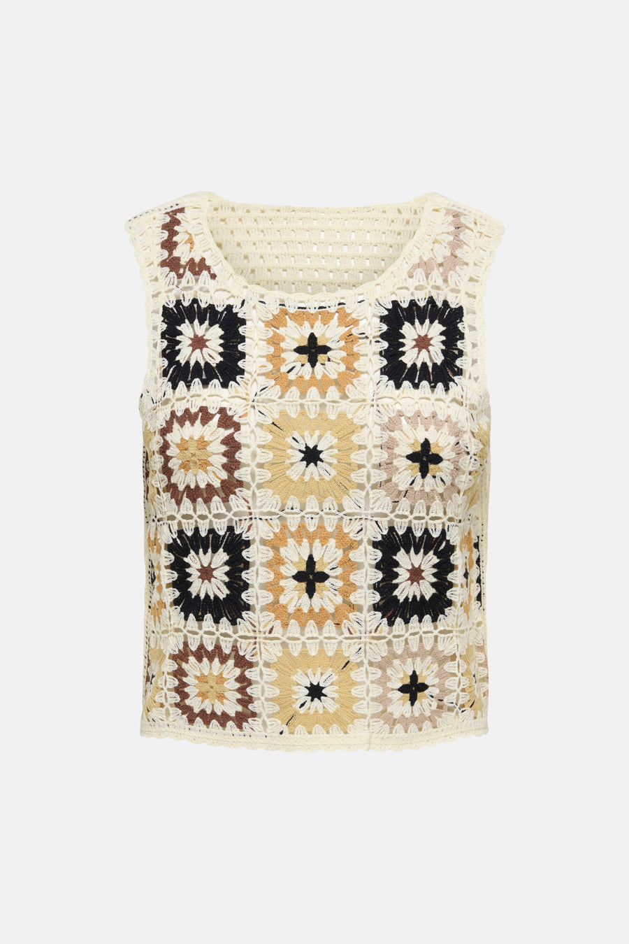 Ecru debardeur van ONLY®, gehaakt met kleurrijke granny squares in beige, bruin en zwart.