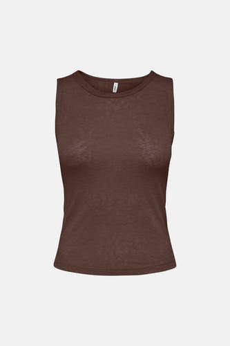 Bruine tanktop van ONLY® met ronde hals en fijne ribstructuur, vooraanzicht