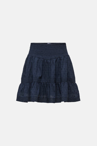 Donkerblauwe rok van ONLY® met gesmokte tailleband, geborduurde stippen en ruches aan de zoom.