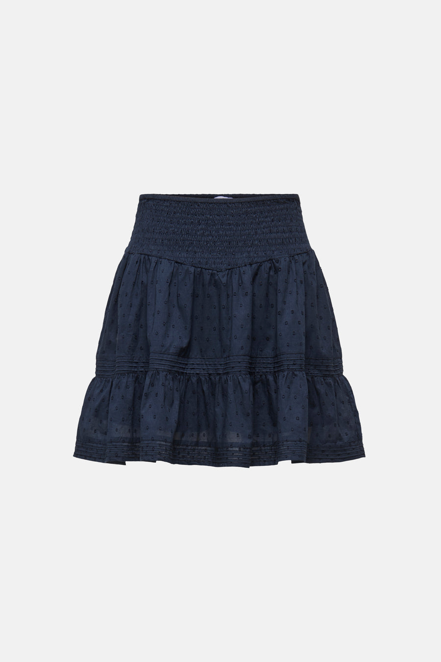 Donkerblauwe rok van ONLY® met gesmokte tailleband, geborduurde stippen en ruches aan de zoom.