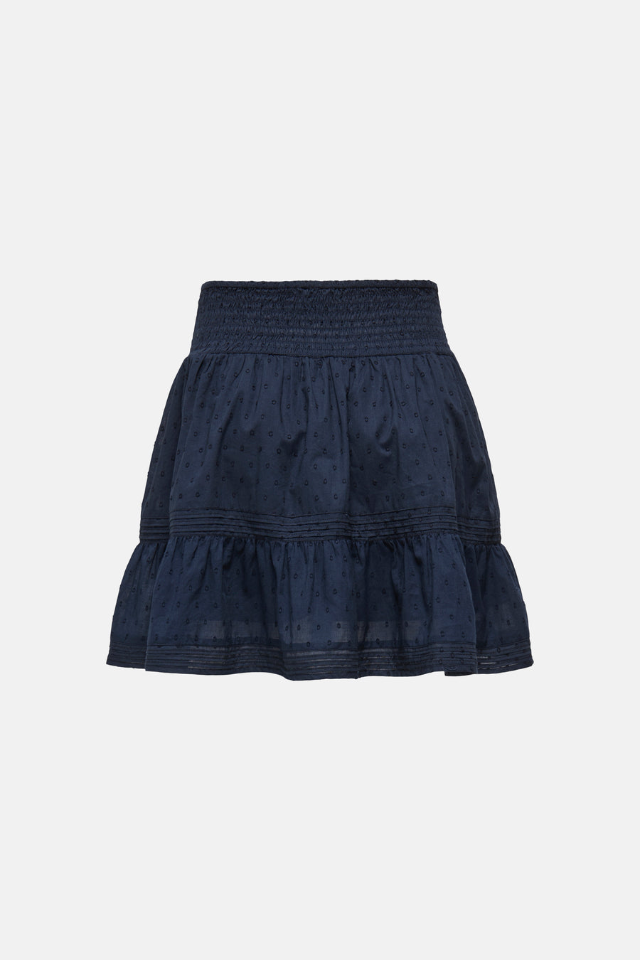Blauwe korte rok van ONLY® met gesmockte taille, gehaakte puntjes en een volant zoom.