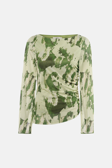 Groene T-shirt met lange mouwen van JDY, met een camouflageprint en gedrapeerde details aan de zijkant.
